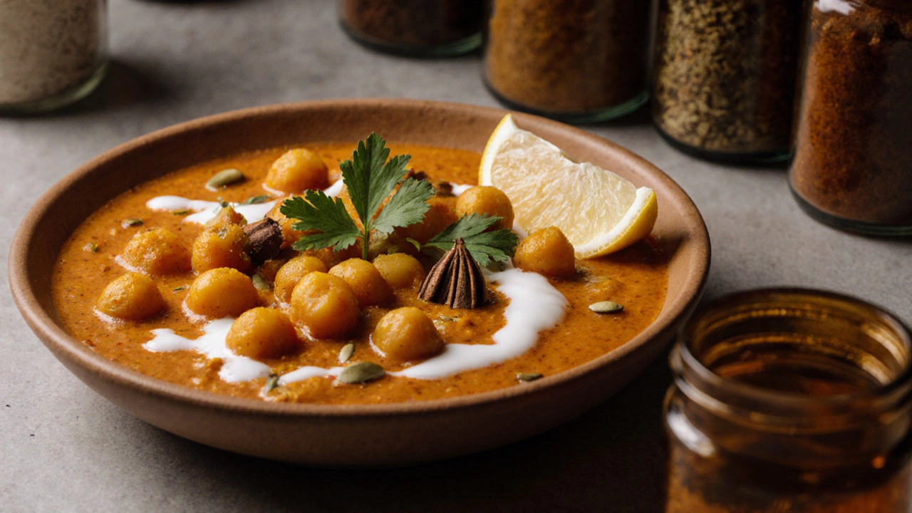 Bowl of chickpea curry garnished with cilantro, lemon, and visible spices, with spice jars nearby.