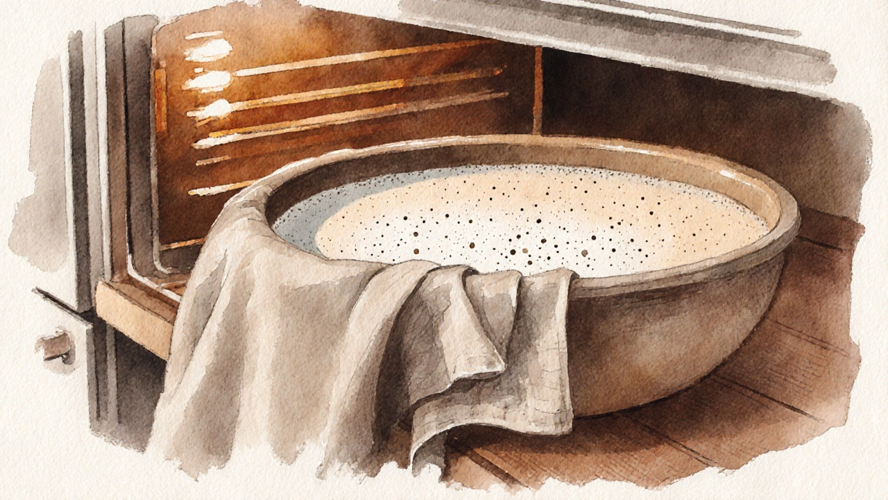 Bubbly dosa batter covered with cloth in a ceramic bowl, warm oven light nearby.