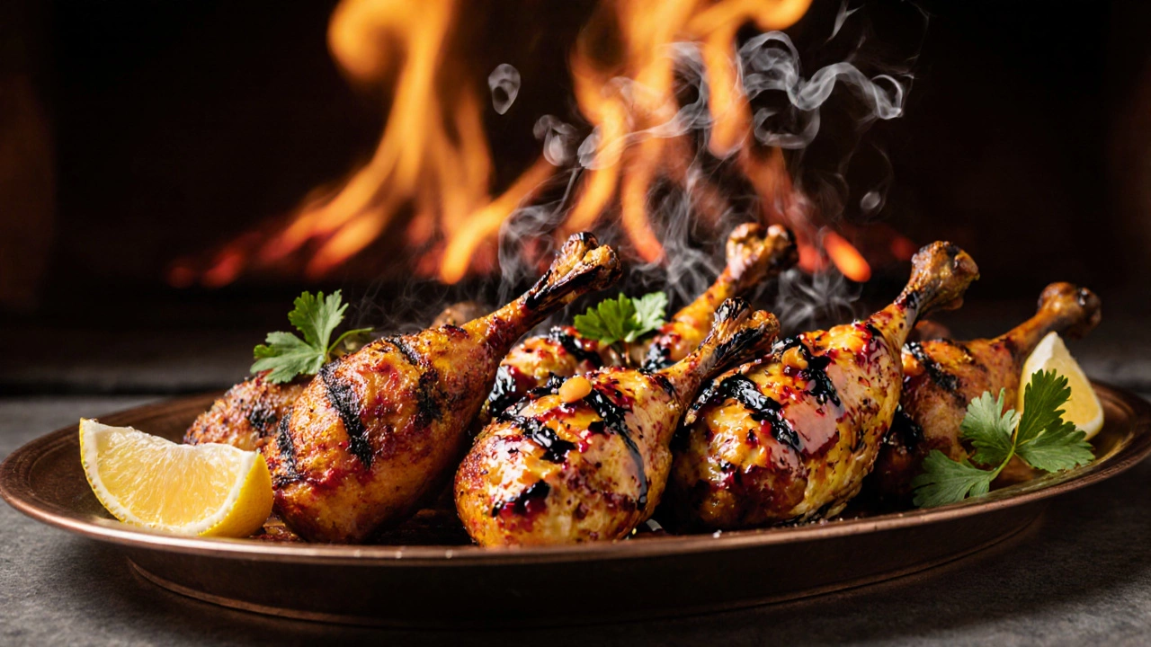 Charred tandoori chicken on a copper plate with lemon wedges and steam.