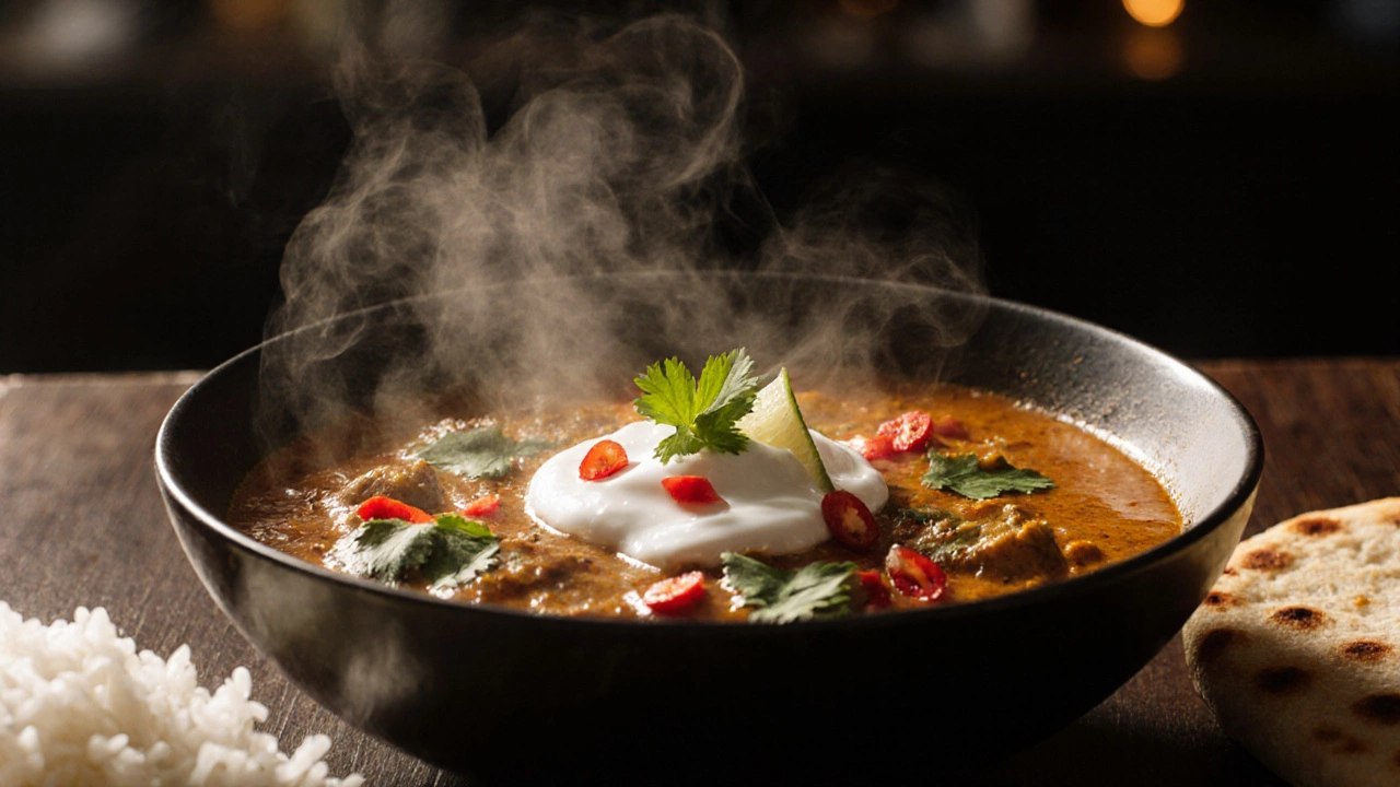 Close‑up of a steaming coconut‑milk curry bowl garnished with cilantro, yogurt, lime and served with rice and naan.