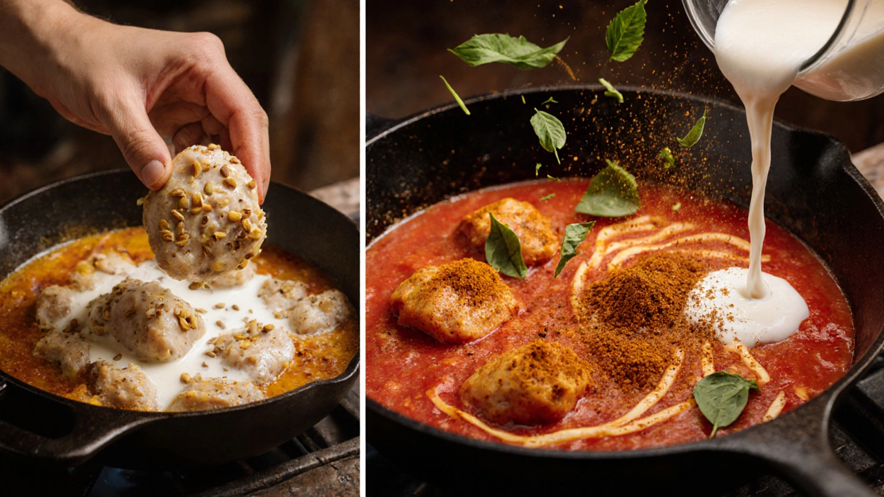 Close-up of butter chicken ingredients being cooked: chicken, butter, tomato sauce, spices.