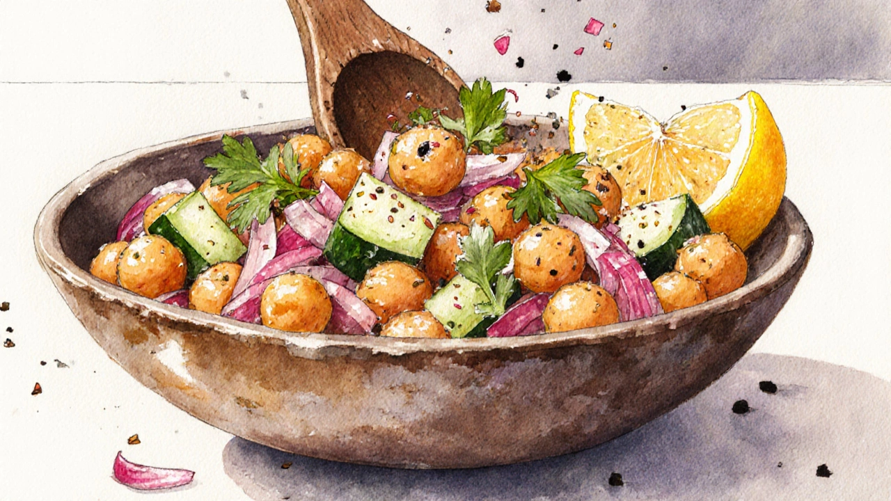 Close‑up of colorful Chana Chaat bowl with chickpeas, cucumber, onion, and lemon.