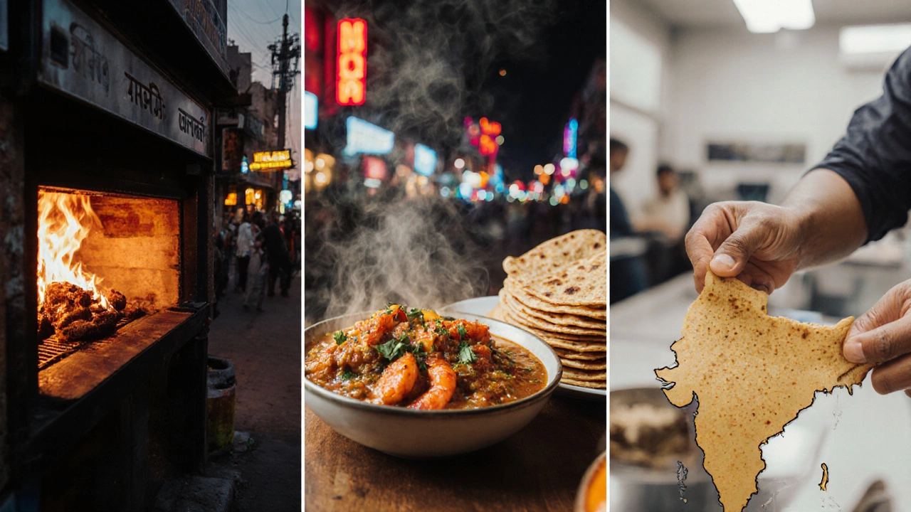 Collage of regional Indian dishes: Delhi tandoori roti, Mumbai pav bhaji, Bengaluru masala dosa.