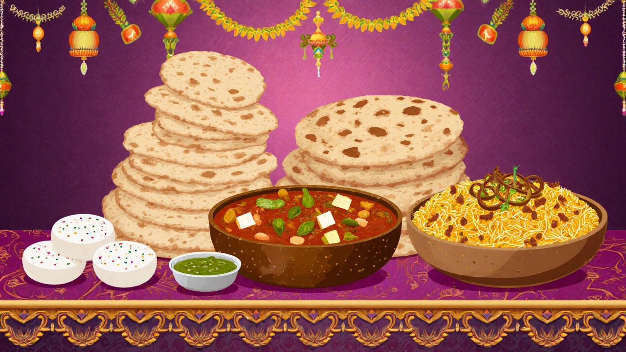 Colorful Indian vegetarian feast with multiple dishes displayed on a table.
