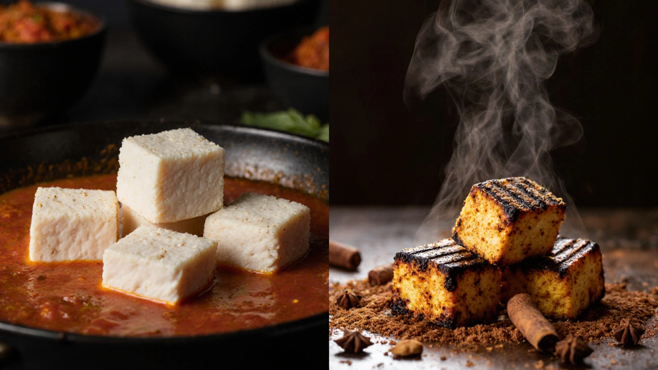 Contrasting paneer cubes: one bland and dry, the other golden and flavorful.