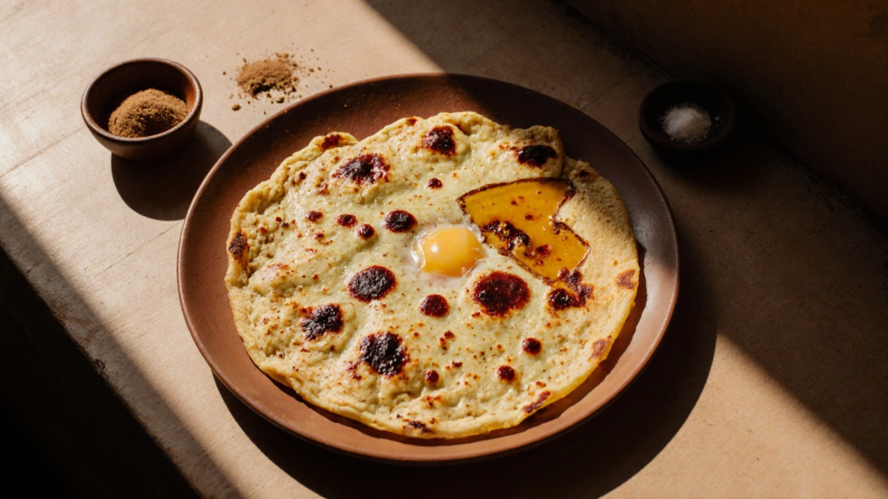 Crisp golden‑brown dosa on a plate, drizzled with ghee, beside spices.