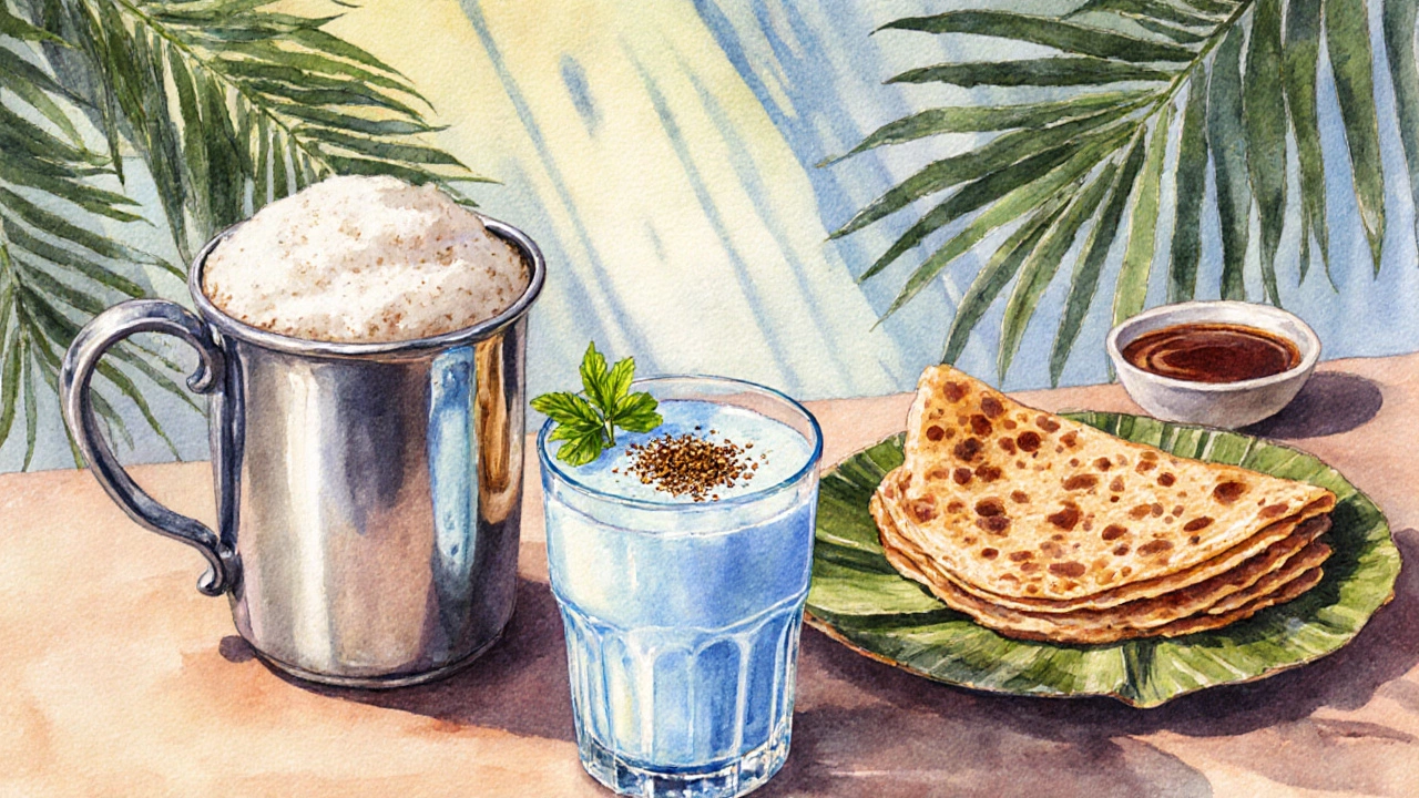 Filter coffee tumbler and chilled buttermilk beside crisp dosa under bright sunlight.