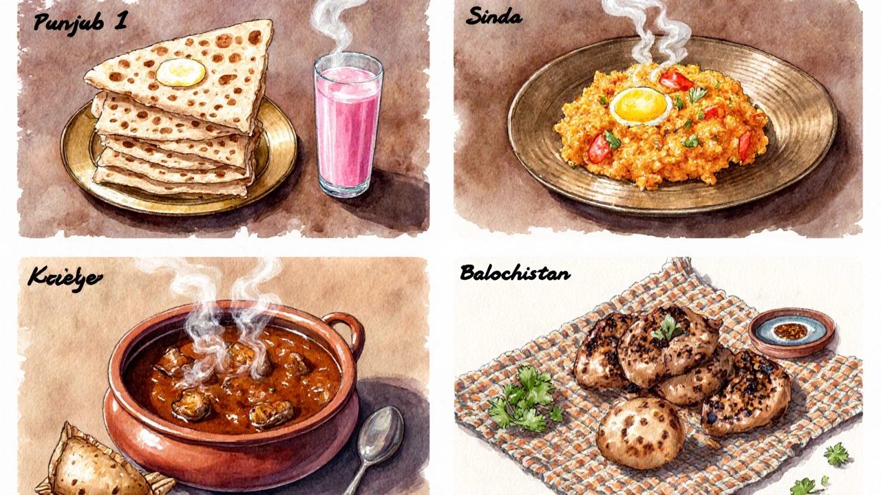 Four panels showing regional dishes: paratha & egg bhurji, halwa puri, nihari, and roasted chicken.