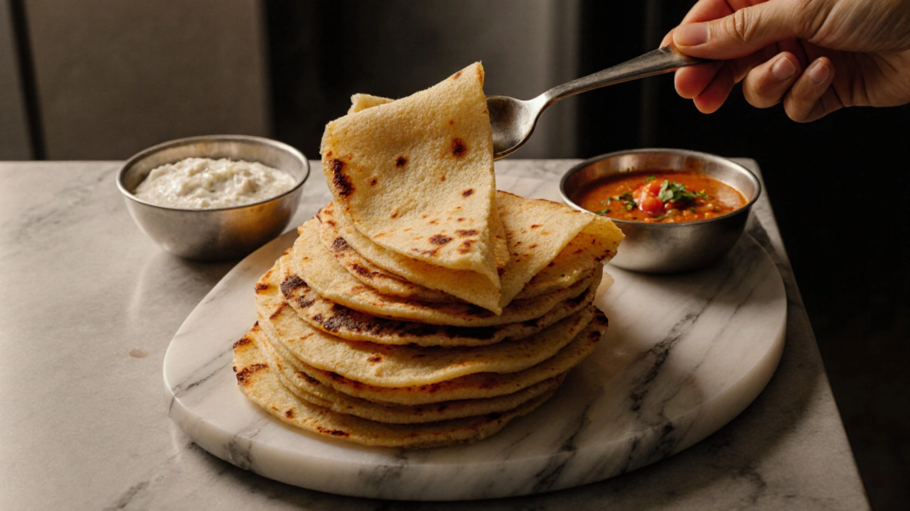 Golden stack of crisp dosas on a platter with chutney, refrigerator hint in background.