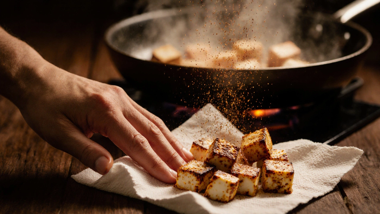 Hand patting marinated paneer dry before frying in a hot skillet.