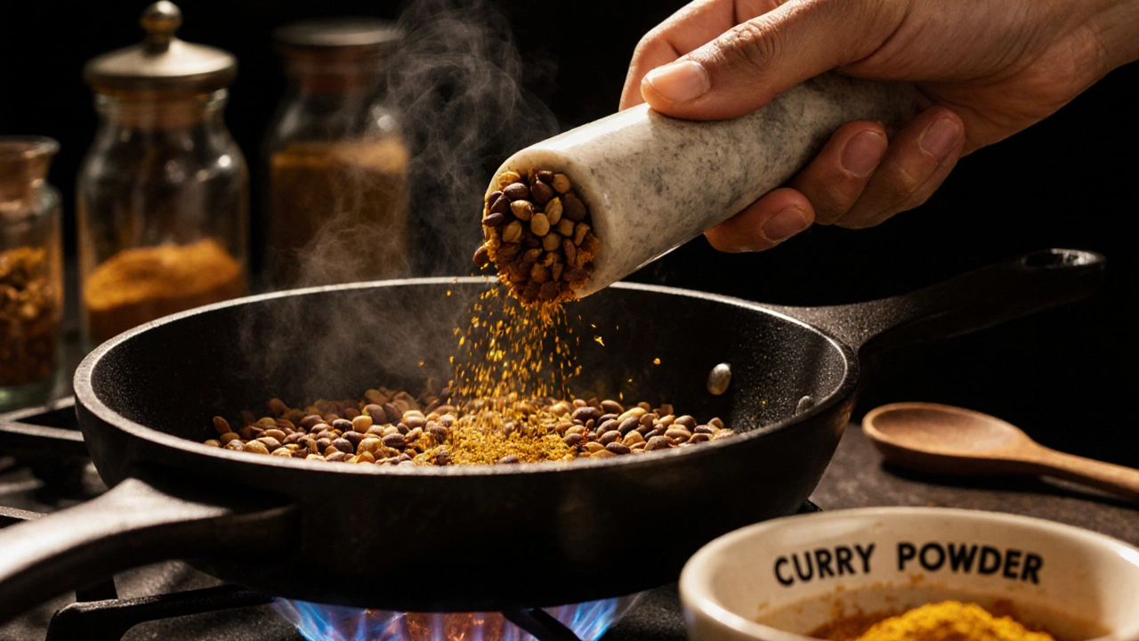 Hand toasting spices in a skillet and grinding them with a mortar and pestle.