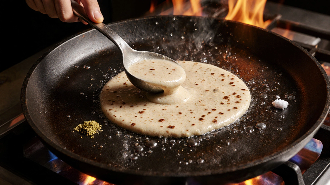 Hot cast‑iron tawa sizzling as thin batter spreads, forming golden spots.