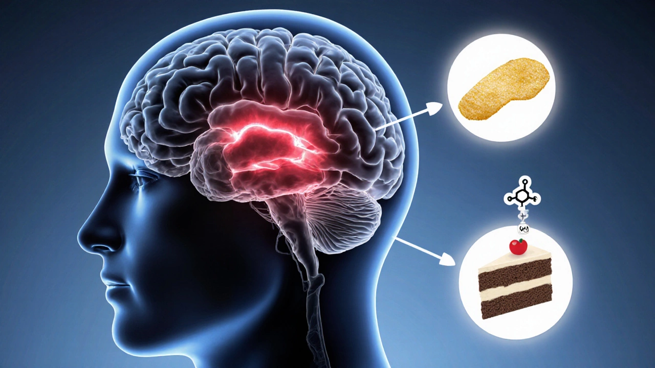 Illustrated brain highlighting reward center with crunchy and soft snack comparison.