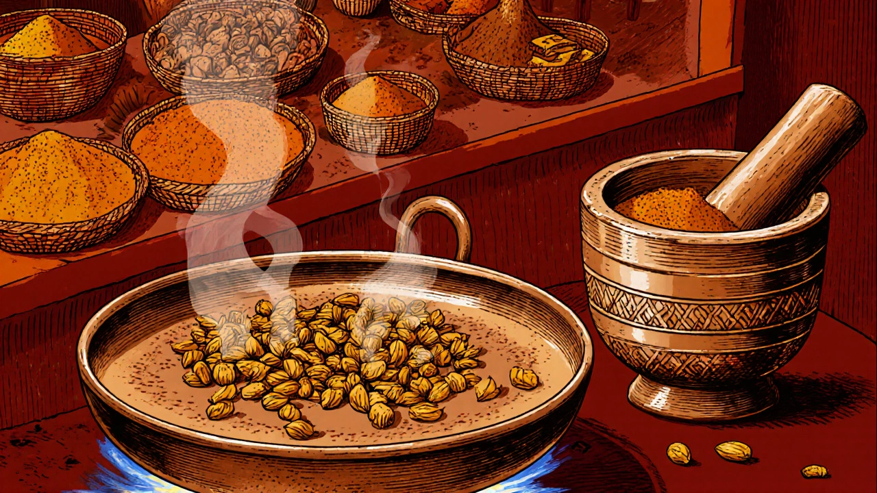 Illustration of a copper pan toasting spices and a mortar grinding them into powder in a miniature style.