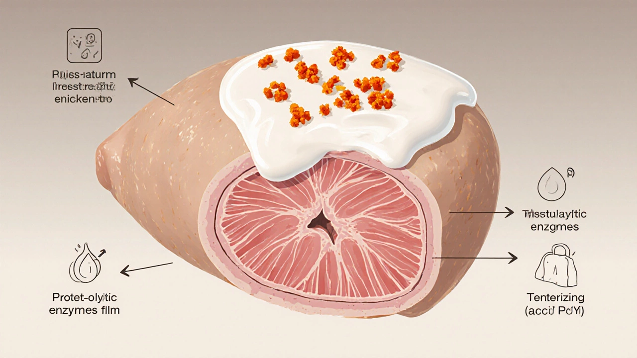 Illustration showing chicken cross‑section with yogurt coating and spices.