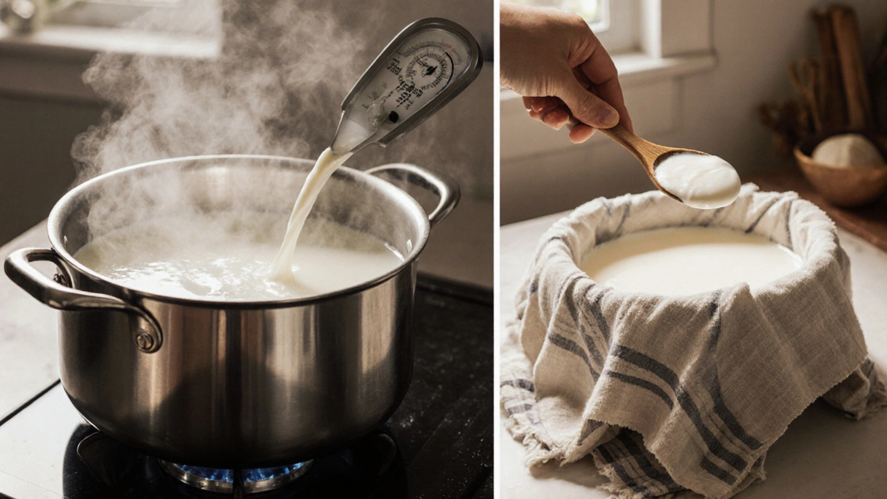 Kitchen scene of milk being boiled, cooled, and starter added to ferment into curd.