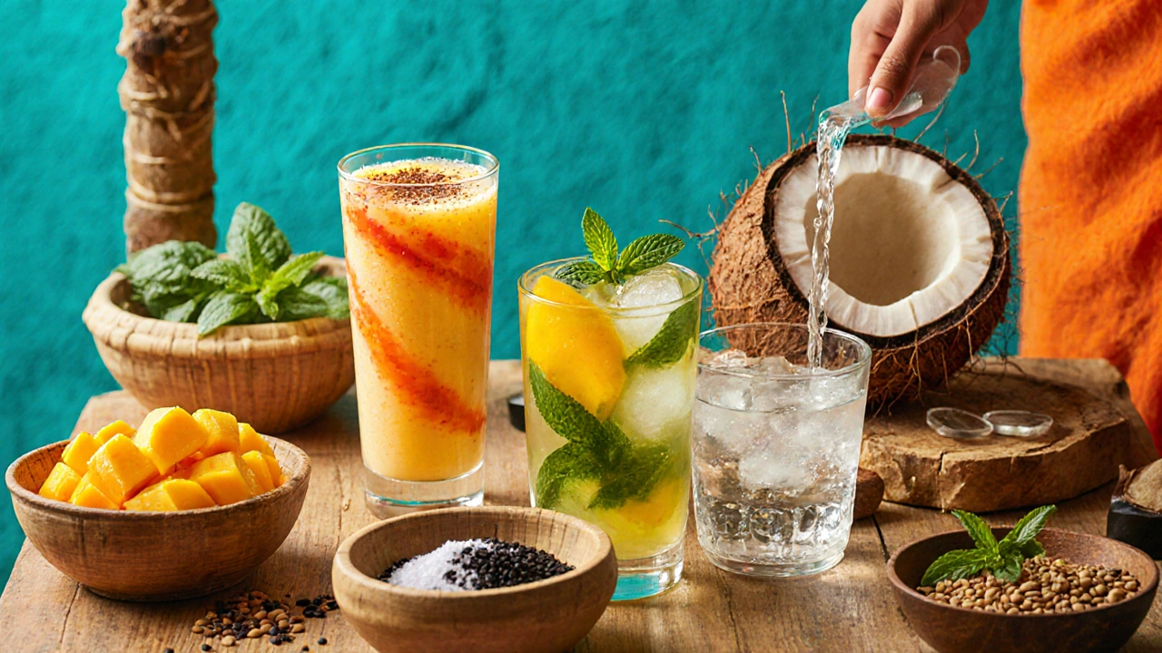 Market stall showing mango lassi, aampanna, and coconut water with fresh herbs.