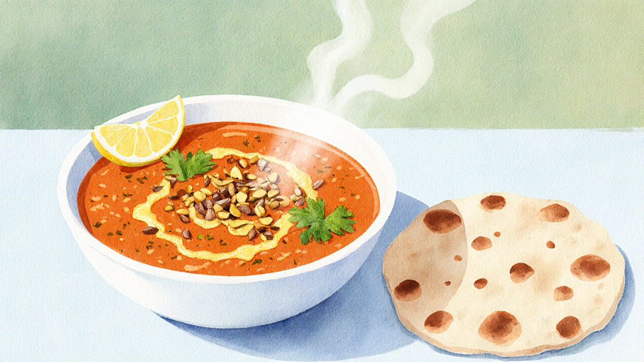 Masoor dal with sizzling tempering and garnish in a bowl.