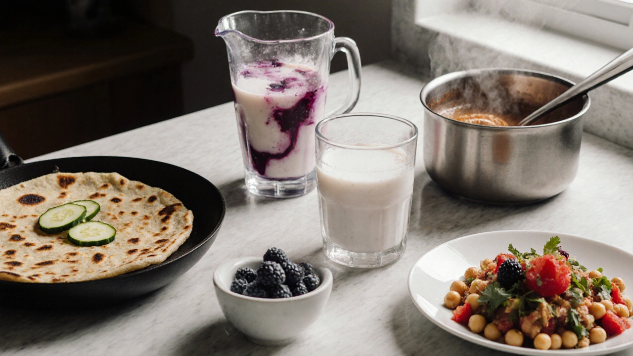 Modern kitchen with toasted paratha, berry lassi, halwa in milk, and chana chaat.
