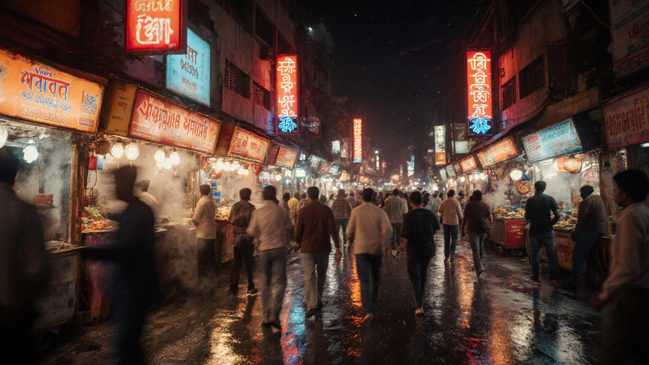Nighttime Mumbai street packed with brightly lit food stalls and hungry diners.
