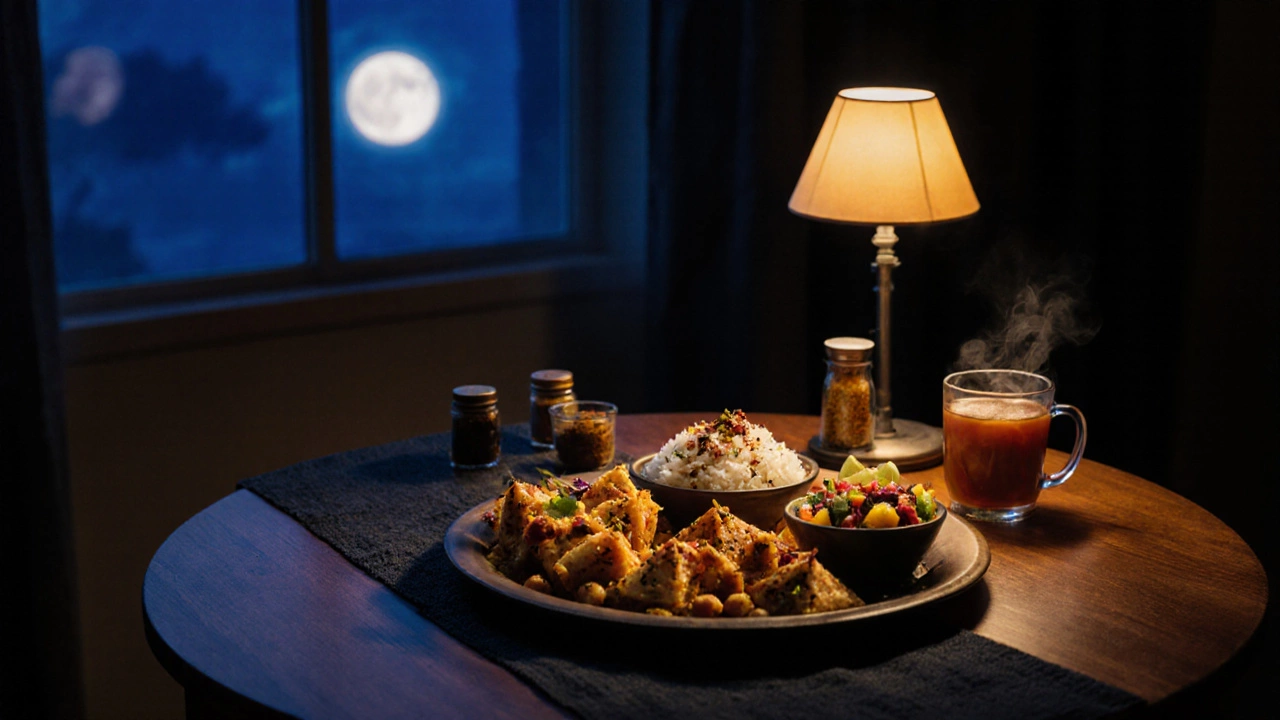 Nighttime snack spread featuring roasted chickpeas, dhokla, puffed‑rice bhel, and fruit chaat.