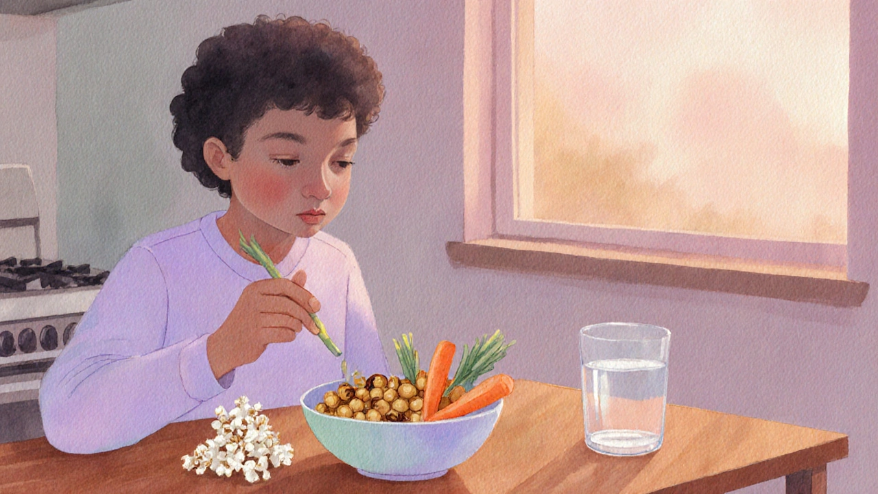 Person practicing mindful eating with healthy crunchy snacks in a pastel kitchen.