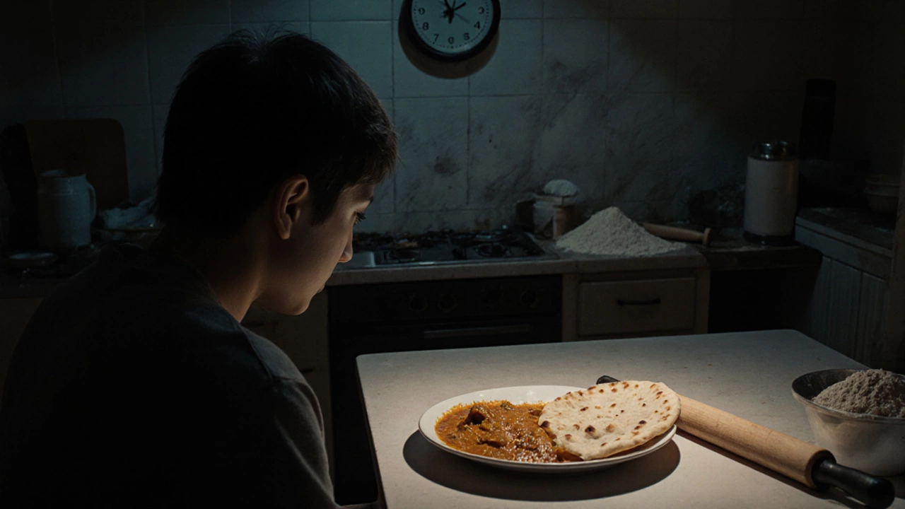 Person staring at curry and naan at dinner, kitchen clutter in background.