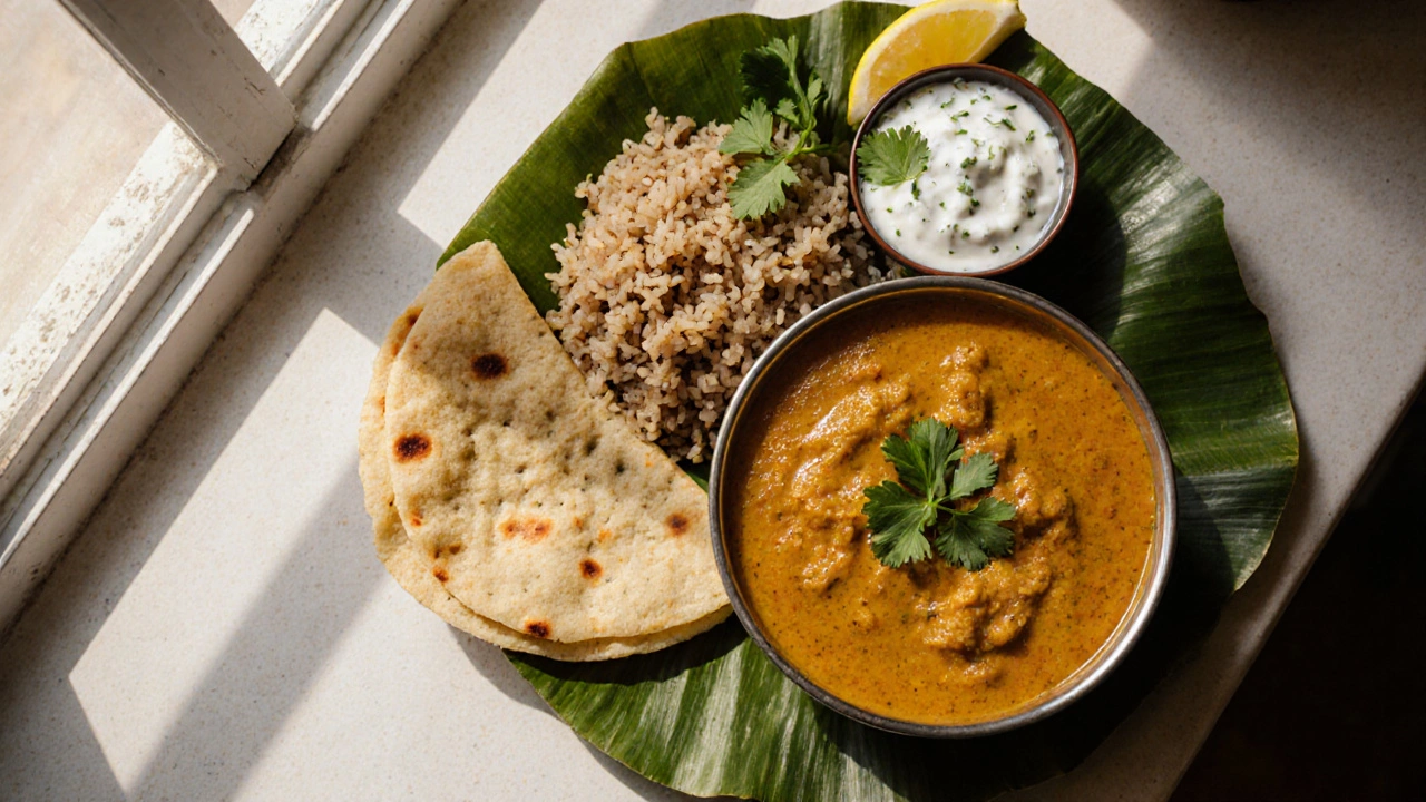 Plate with dal, brown rice, chapati, and cucumber raita on a leaf.
