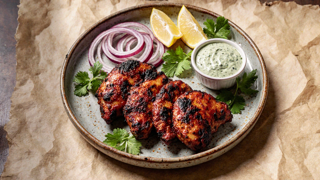 Plated tandoori chicken with garnish and mint‑yogurt chutney.