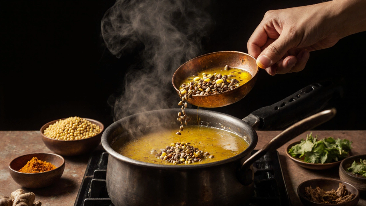 Pressure cooker with steaming dal and a hand adding tempering.