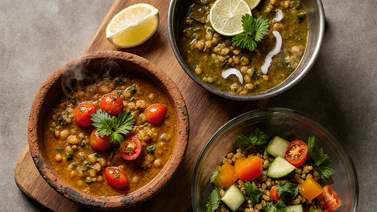 Served lentil dishes: tomato dal, green lentil stew, and veggie lentil salad, garnished and ready to eat.