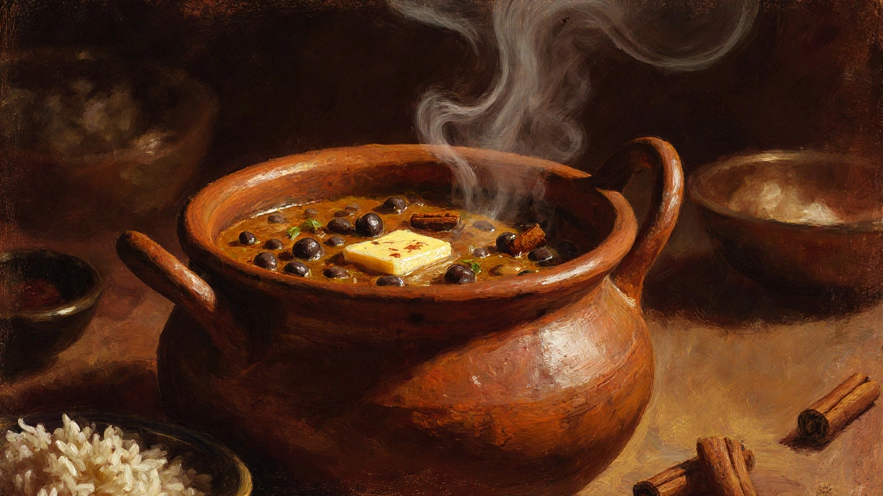 Slow-cooked dal makhani in clay pot with butter drizzle and steamed rice.