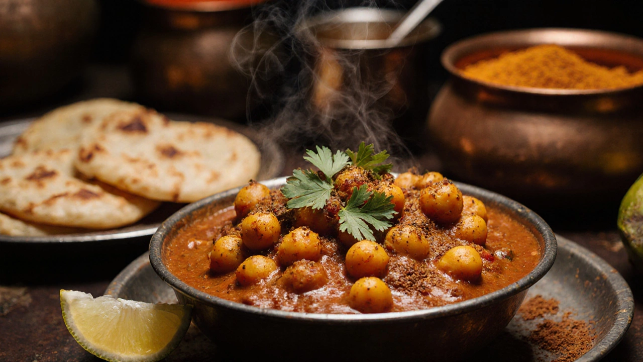 Spicy chana masala with chickpeas in thick gravy, lemon, and fried bread.