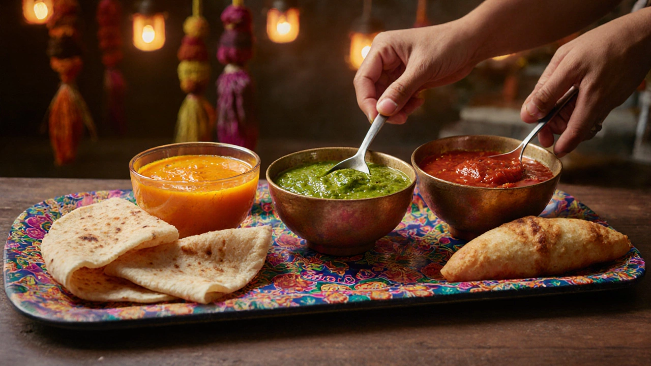 Three chutney bowls (mango, coconut‑cilantro, tomato‑tamarind) displayed with idli, dosa, and samosa on a decorative tray.