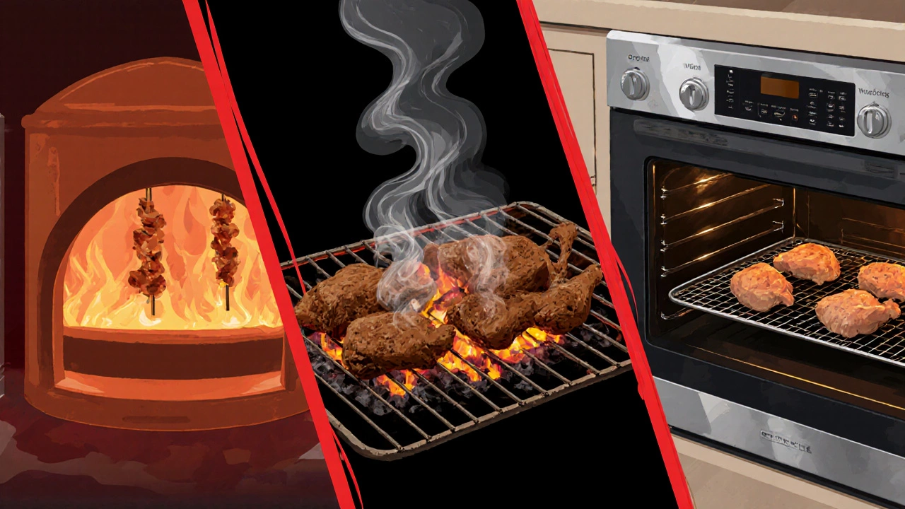 Three cooking methods—tandoor, grill, oven—showing chicken skewers under high heat.