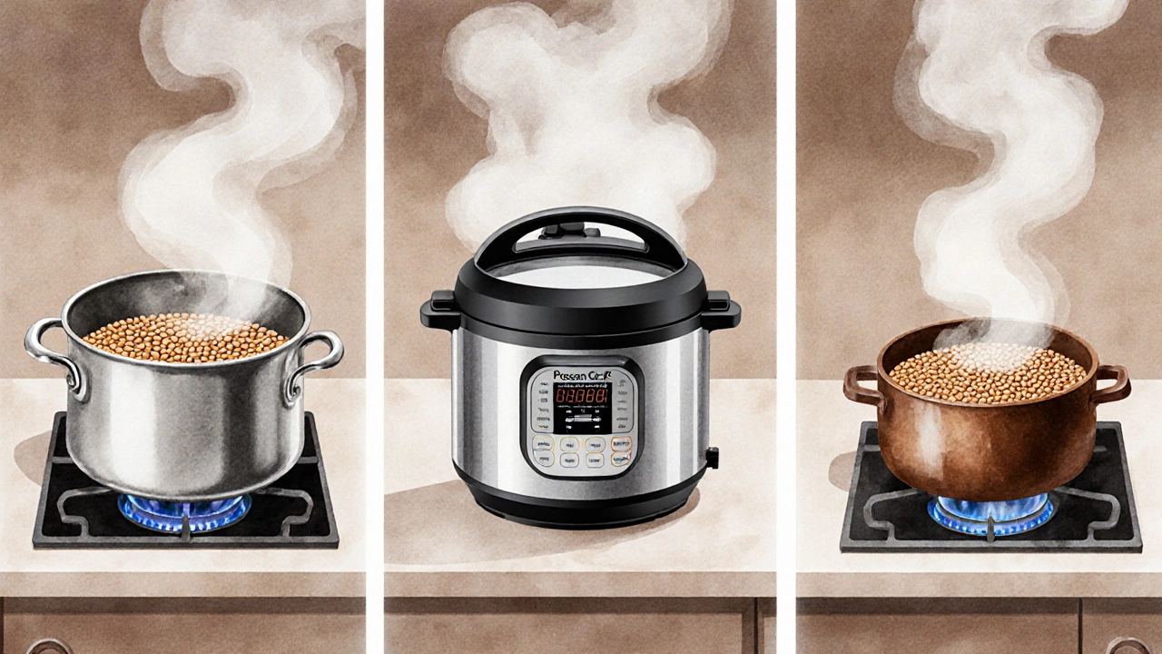 Three cooking vessels—stovetop pot, pressure cooker, and slow cooker—showing steaming lentils.