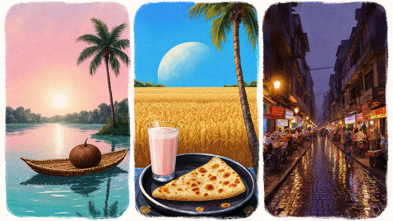 Three side‑by‑side scenes showing Kerala breakfast, Punjab paratha, and Kolkata street food.