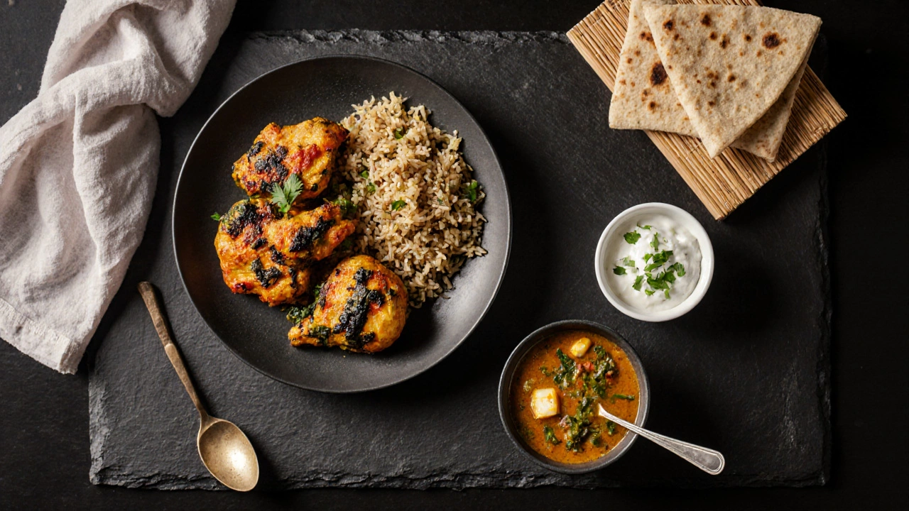 Top‑down view of a balanced Indian meal with chicken, biryani, dal, roti, and raita on the side.
