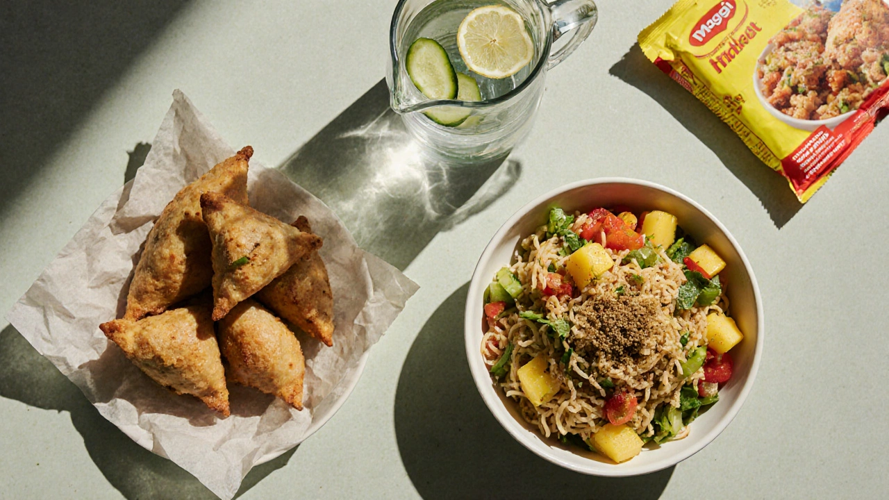 Top‑down view of healthier Indian snack swaps: baked samosa, vermicelli with veggies, fruit chaat, and infused water.
