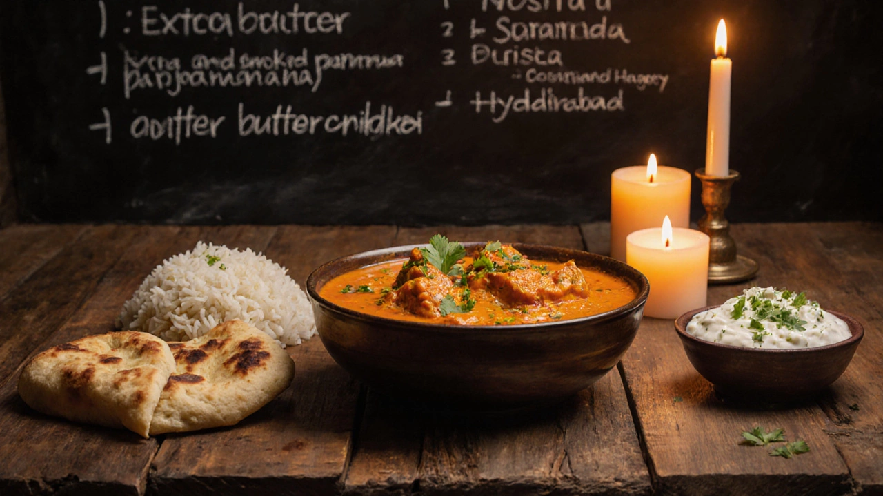 Warm dinner setting with butter chicken, naan, rice, and herbs on a rustic table.