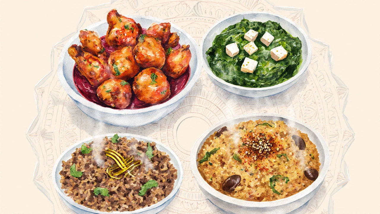 Watercolor collage of tandoori chicken, chana masala, palak paneer, brown‑rice biryani, and moong dal.