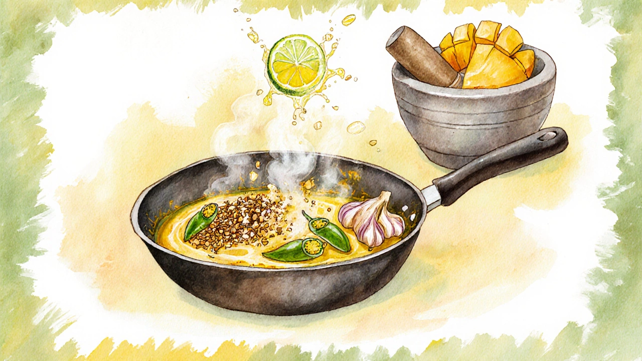 Watercolor of mustard seeds popping, spices, ginger, garlic, mango and lime being prepared for chutney.