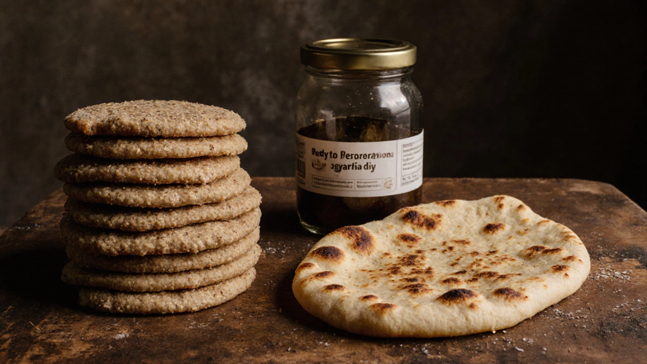 Whole wheat roti next to buttery naan with preservative label, showing nutritional contrast.