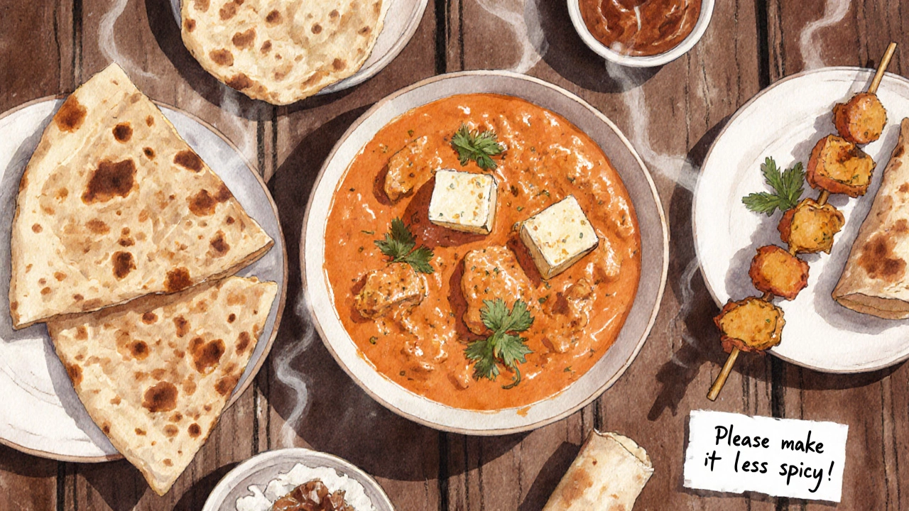 Wooden table displays butter chicken, naan, paneer tikka, and masala dosa with a note for less spice.