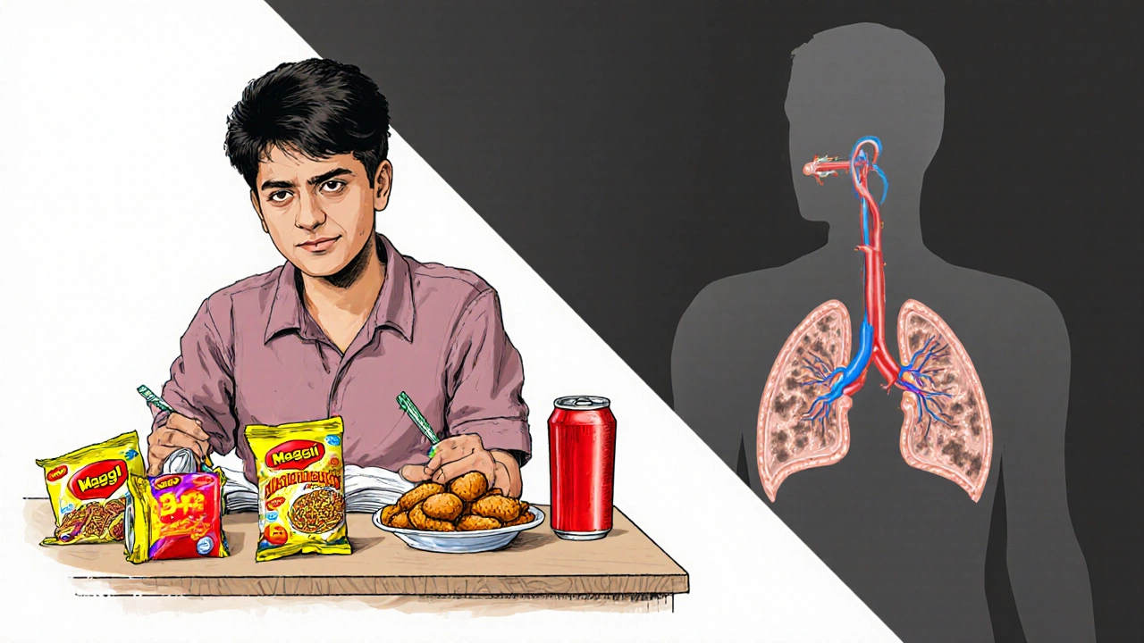Young Indian student surrounded by junk food with a subtle illustration of health risks like clogged arteries.