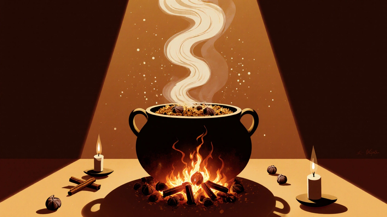 A sealed biryani pot steaming over embers with spices floating in the air.