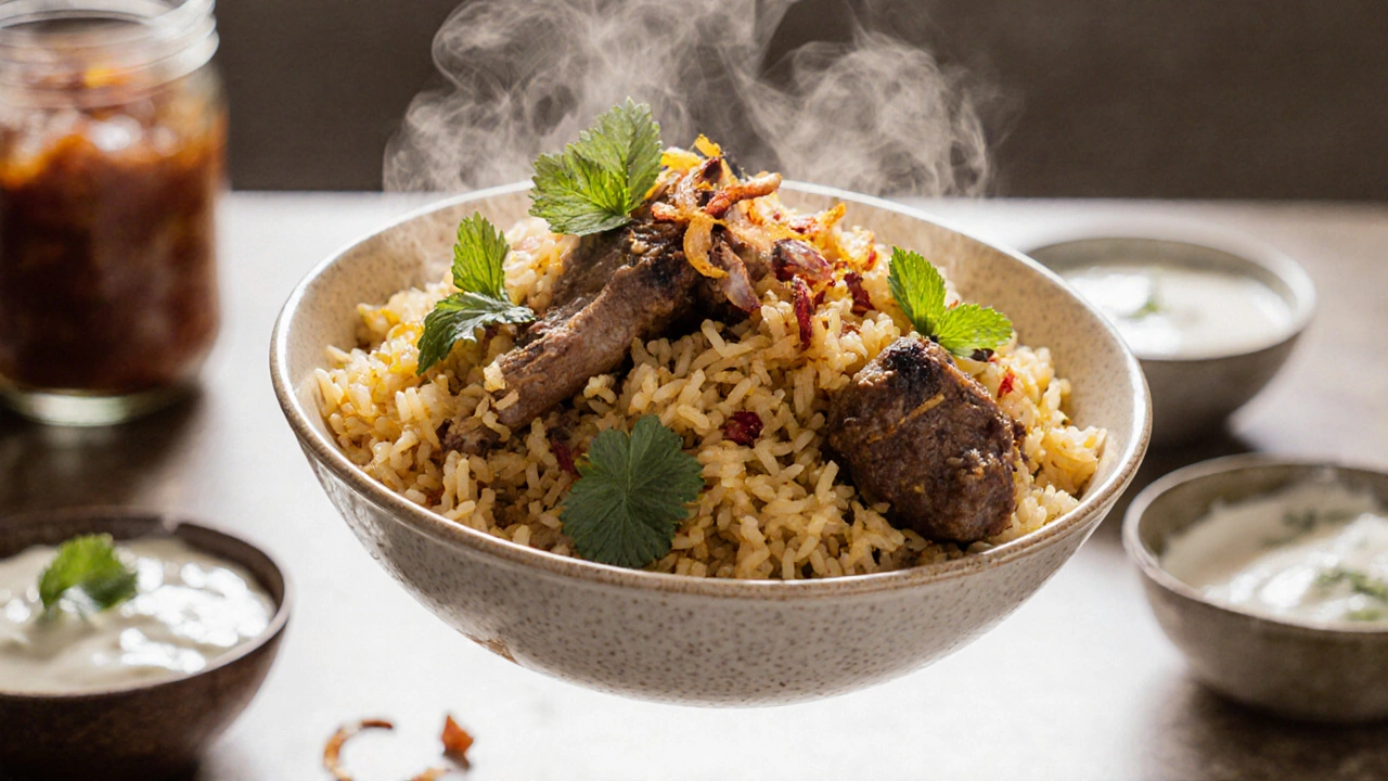 A steaming bowl of biryani with perfect grains, garnished with herbs and onions.