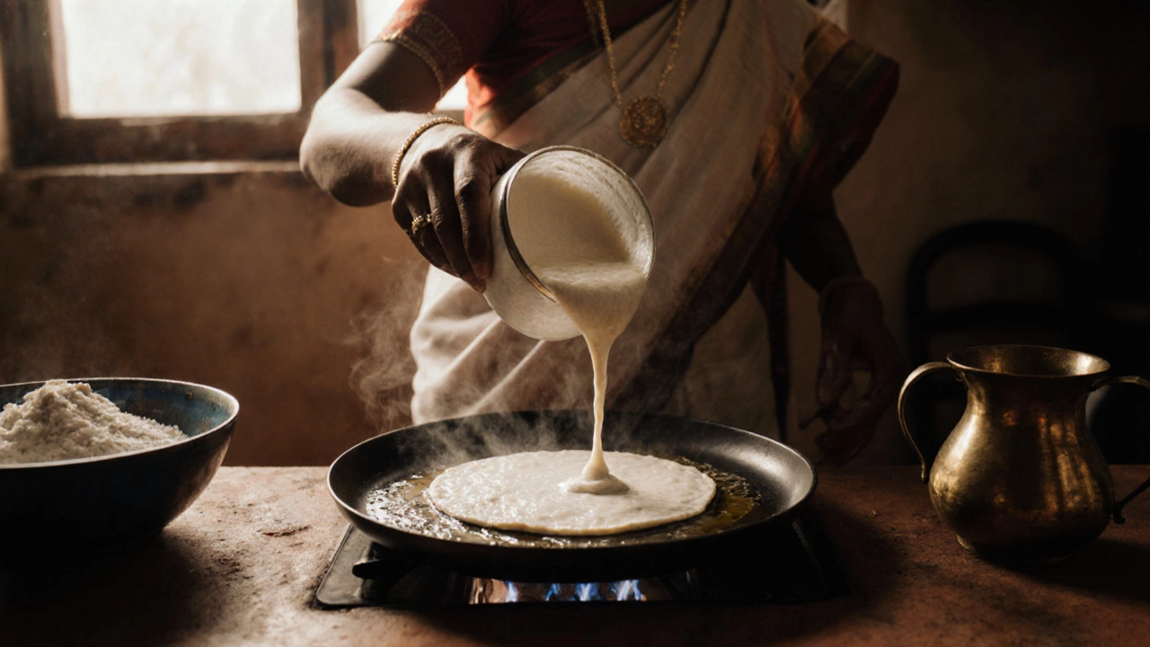 A woman cooking dosa with coconut oil in a traditional Indian kitchen, morning light, rustic surroundings.