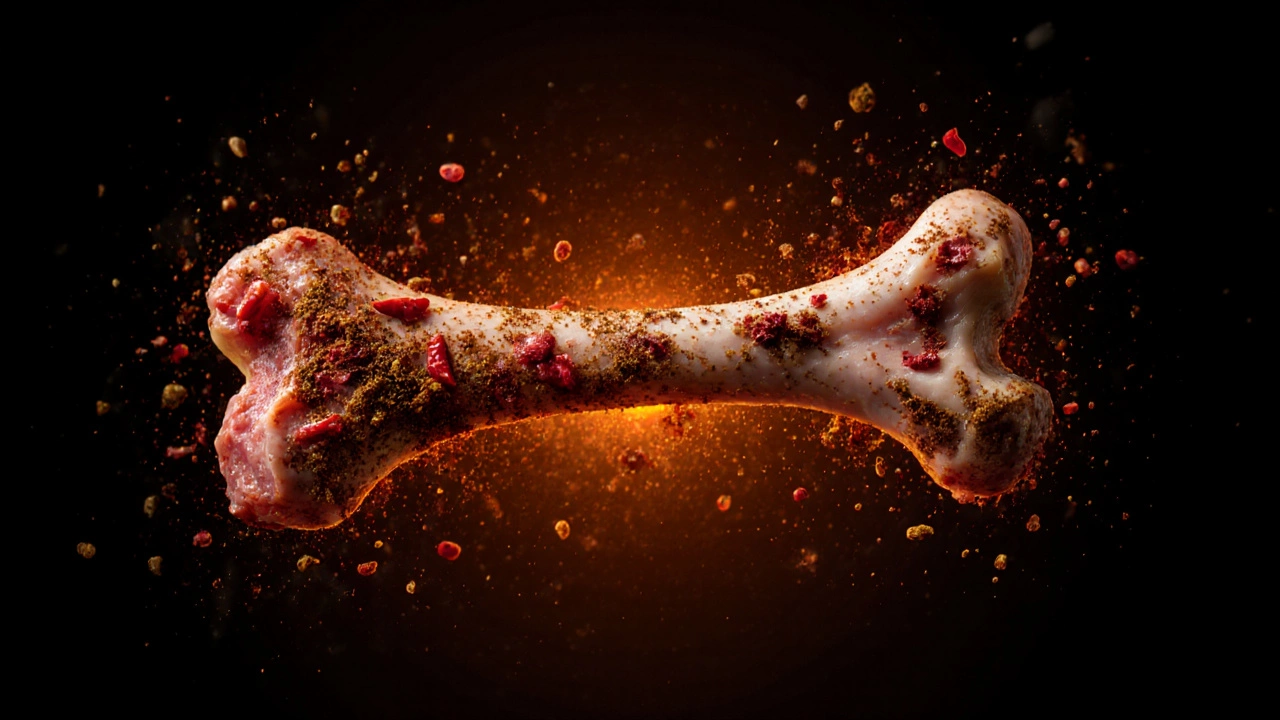 Abstract visualization of spices turning to char as heat penetrates chicken meat near the bone.