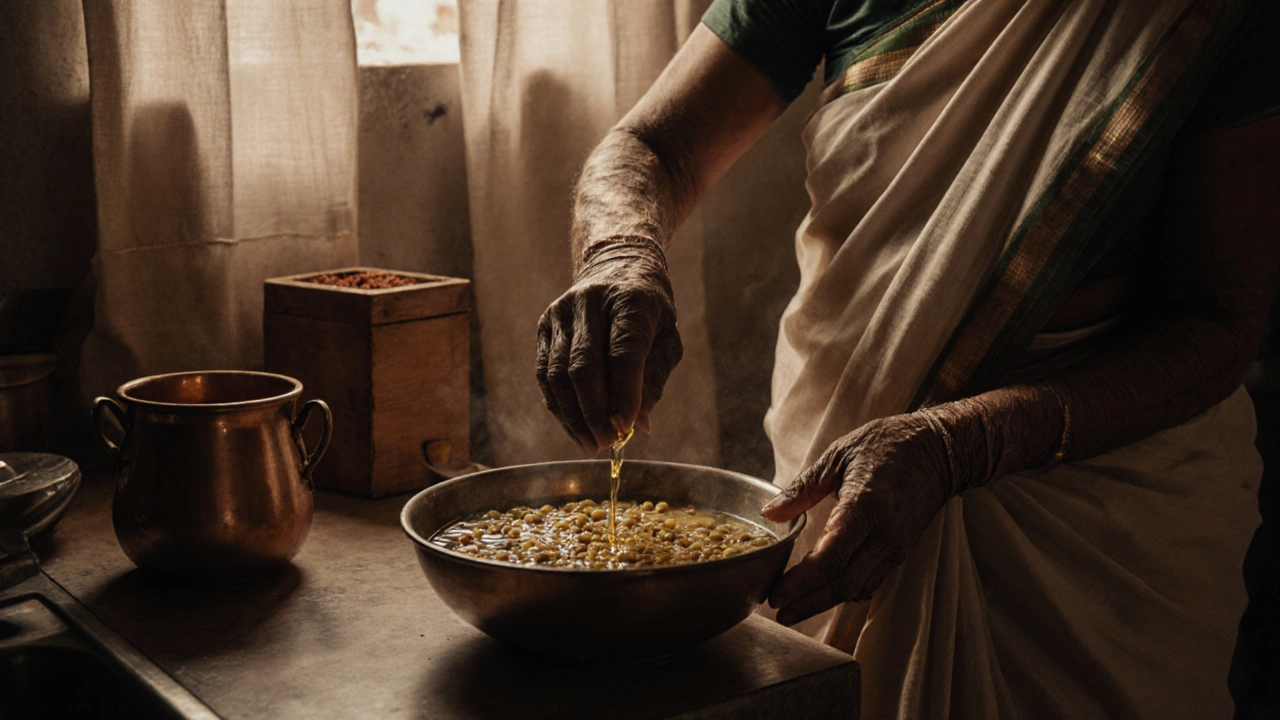 An elderly woman pouring hot tempering oil over lentils in a quiet village kitchen.